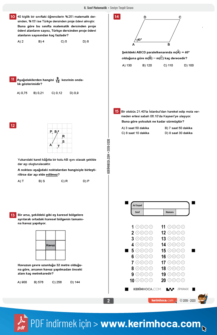 5 6 7 8 Siniflar Matematik Dersi Hazirbulunusluk Ve Seviye Tespit