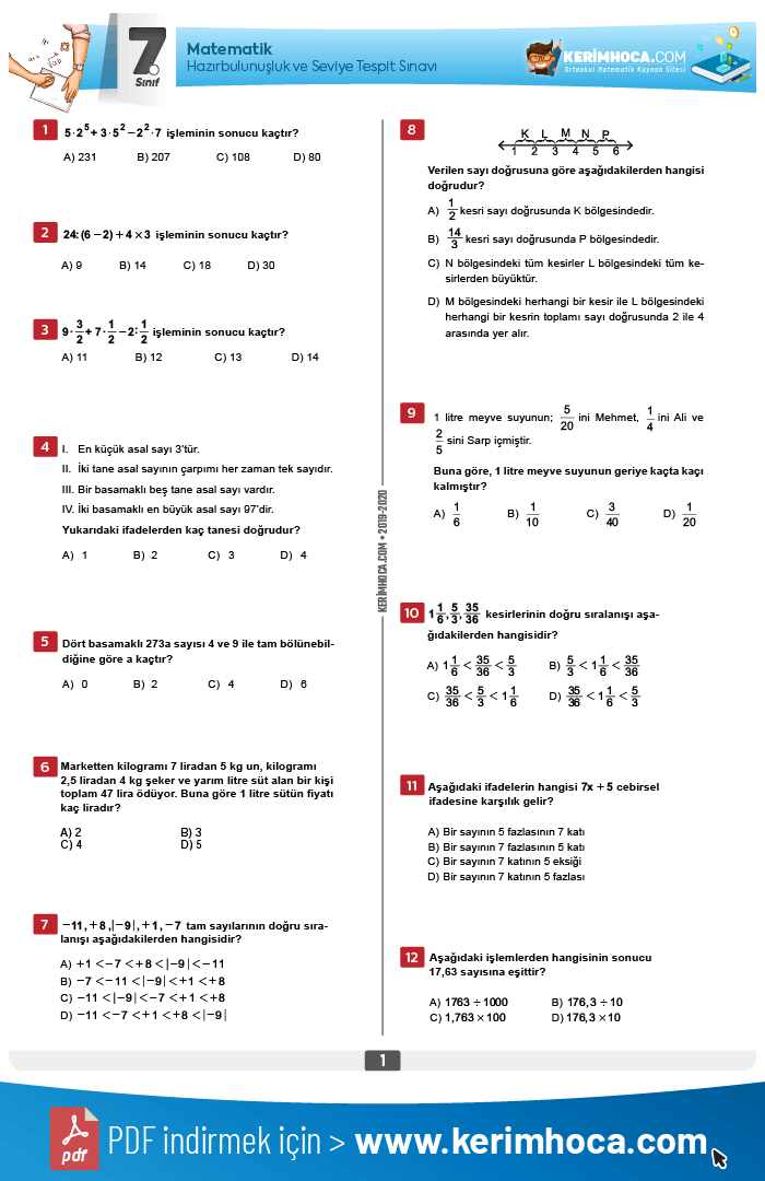 5 6 7 8 Siniflar Matematik Dersi Hazirbulunusluk Ve Seviye Tespit